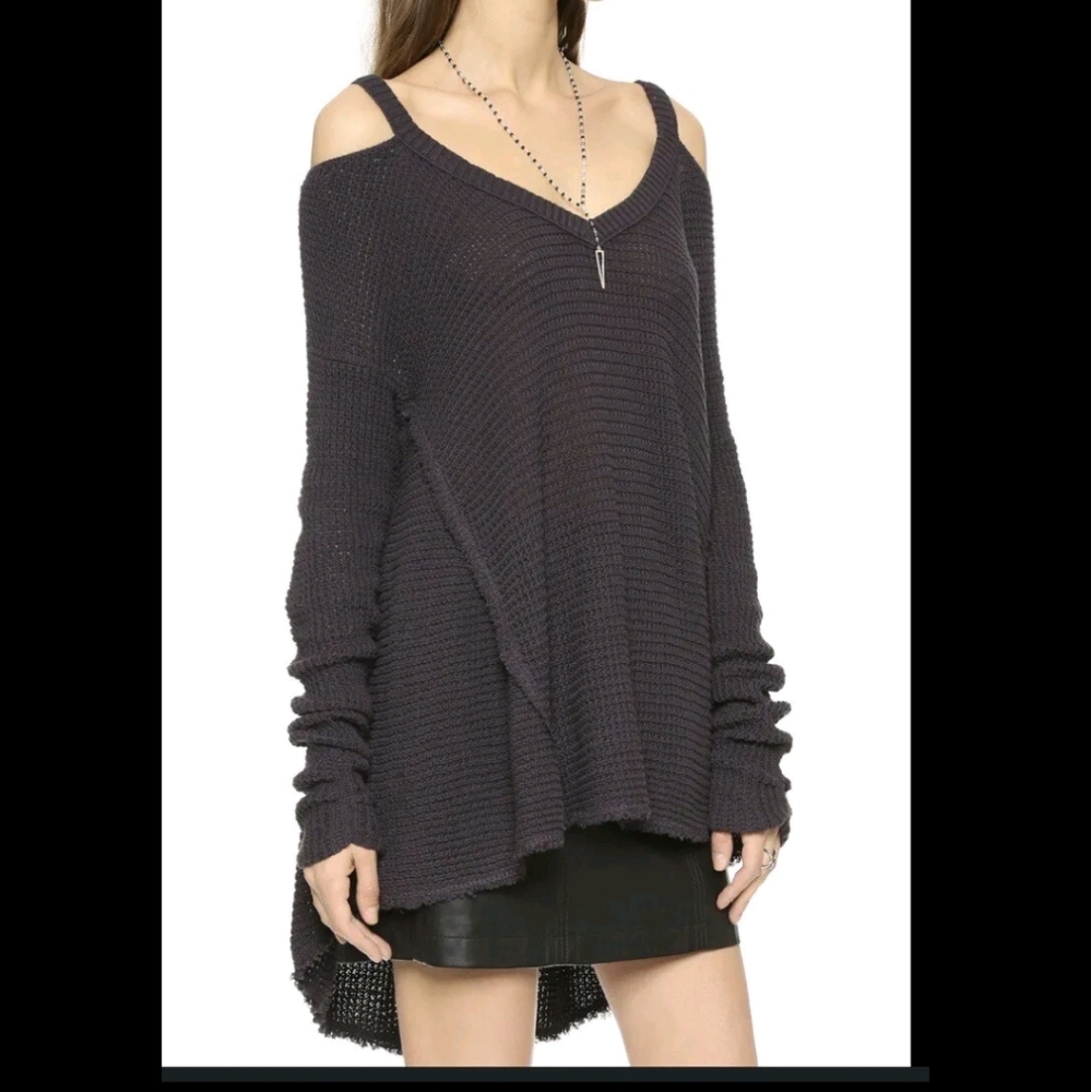 Free People Dark Navy Blue Gray Cold Shoulder Waffle Knit Thermal Sweater Size S